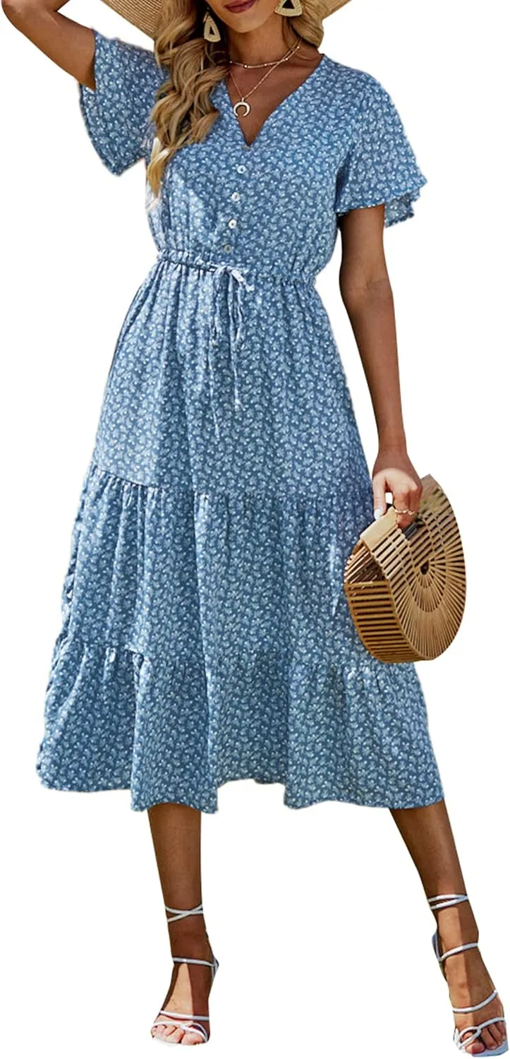 PRETTYGARDEN Summer Floral Dress for Women 2025 Casual Boho Short Sleeve Maxi Dresses V Neck Tiered Flowy Beach Sundress