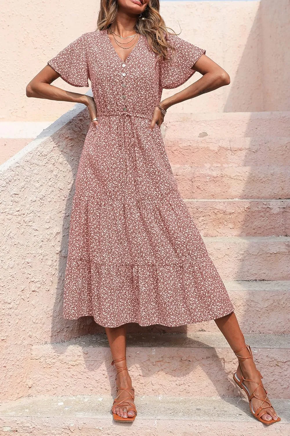 PRETTYGARDEN Summer Floral Dress for Women 2025 Casual Boho Short Sleeve Maxi Dresses V Neck Tiered Flowy Beach Sundress