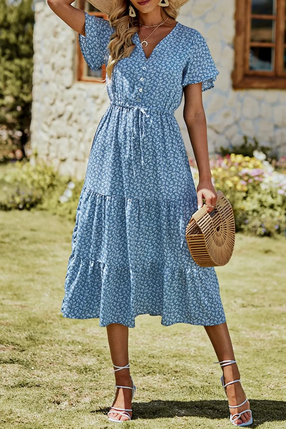 PRETTYGARDEN Summer Floral Dress for Women 2025 Casual Boho Short Sleeve Maxi Dresses V Neck Tiered Flowy Beach Sundress