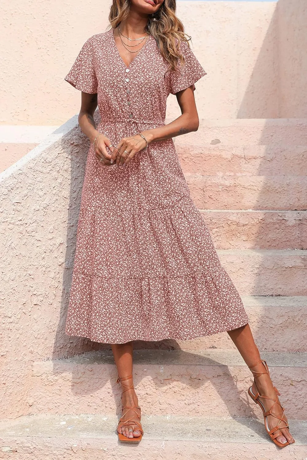 PRETTYGARDEN Summer Floral Dress for Women 2025 Casual Boho Short Sleeve Maxi Dresses V Neck Tiered Flowy Beach Sundress