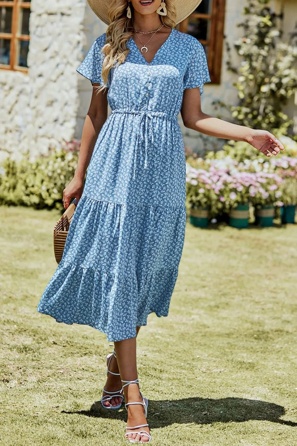 PRETTYGARDEN Summer Floral Dress for Women 2025 Casual Boho Short Sleeve Maxi Dresses V Neck Tiered Flowy Beach Sundress