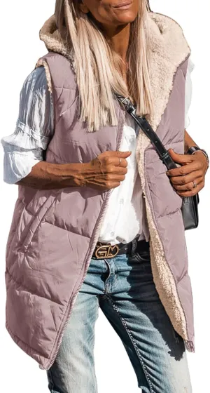 PRETTYGARDEN Womens 2025 Fall Reversible Vests Sleeveless Fleece Jacket Zip Up Hoodie Pockets Long Warm Winter Coat Outerwear