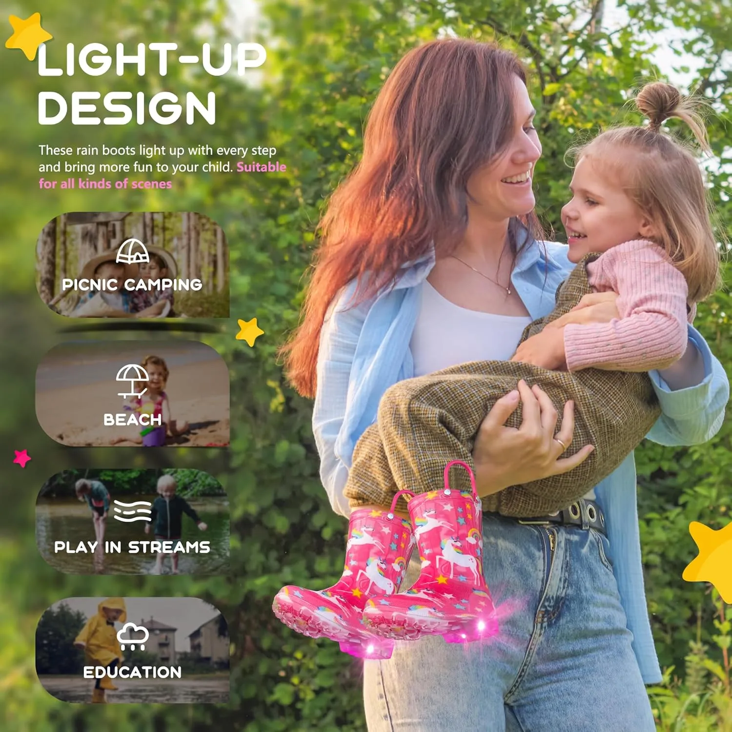 Rain Boots for Girls Toddlers - Light Up Kids Rainboots Boots Waterproof Lightweight Rain Shoes with Handles (Toddler/Little/Big kids)