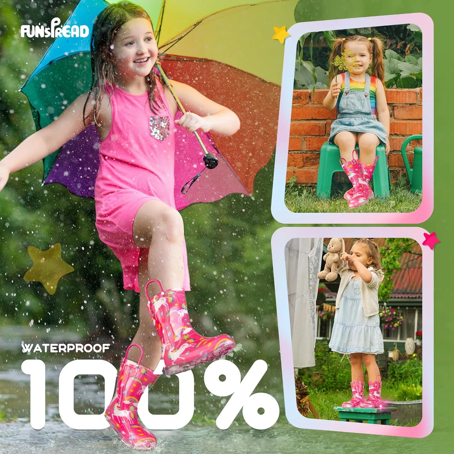 Rain Boots for Girls Toddlers - Light Up Kids Rainboots Boots Waterproof Lightweight Rain Shoes with Handles (Toddler/Little/Big kids)