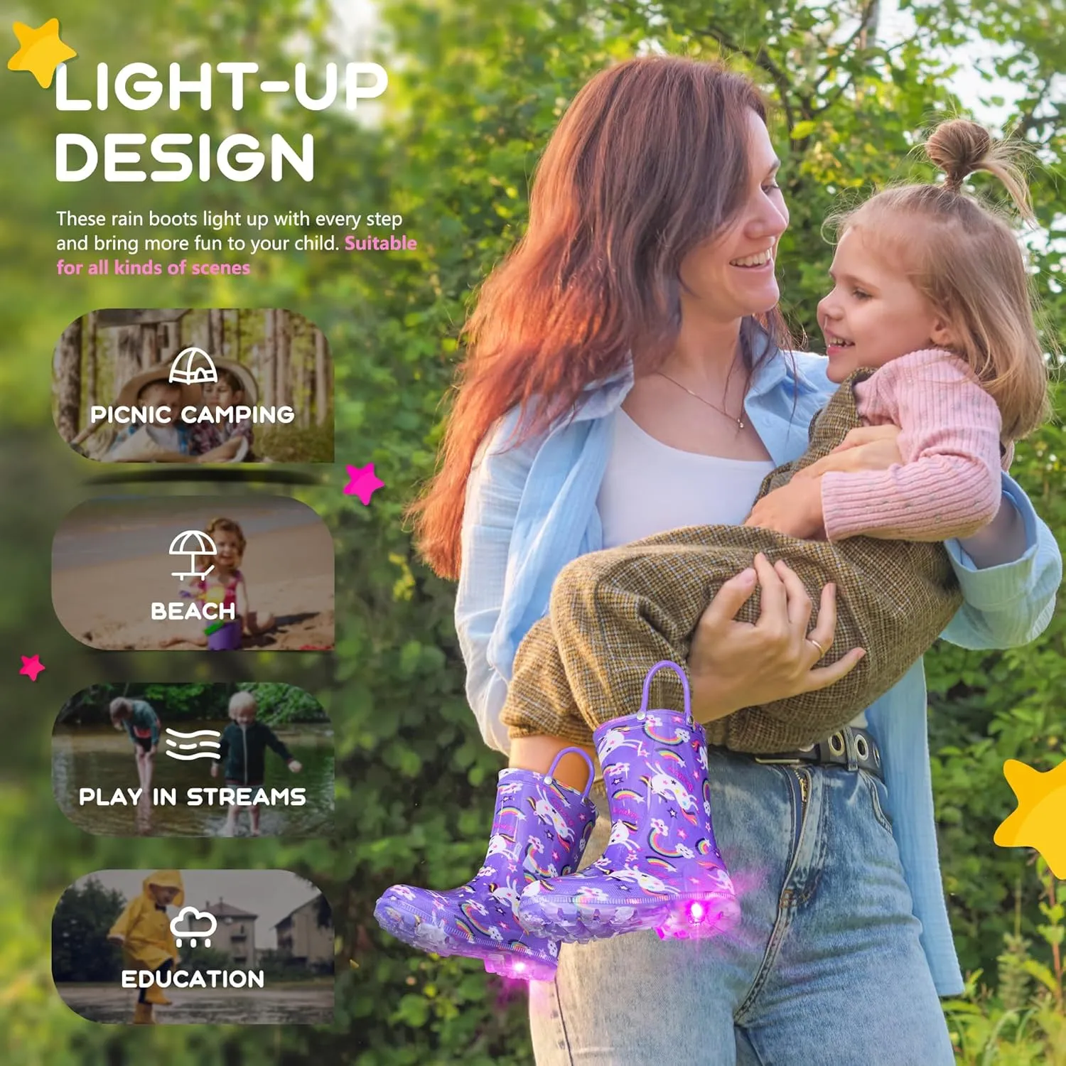 Rain Boots for Girls Toddlers - Light Up Kids Rainboots Boots Waterproof Lightweight Rain Shoes with Handles (Toddler/Little/Big kids)