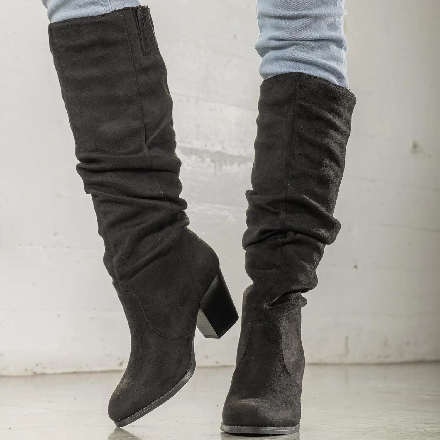 RF ROOM OF FASHION Women's Stacked Heel Slouchy Knee High Boots (Regular Fit)