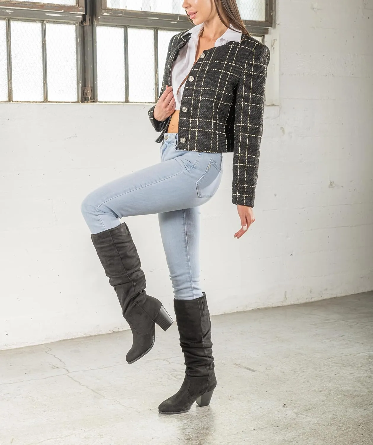 RF ROOM OF FASHION Women's Stacked Heel Slouchy Knee High Boots (Regular Fit)