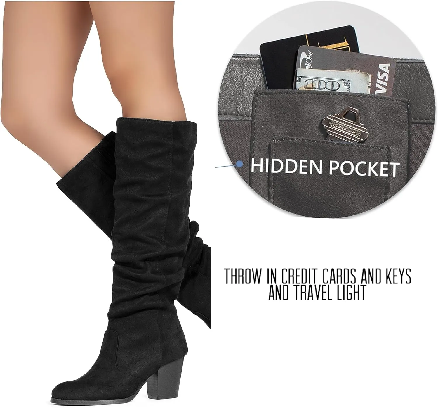 RF ROOM OF FASHION Women's Stacked Heel Slouchy Knee High Boots (Regular Fit)