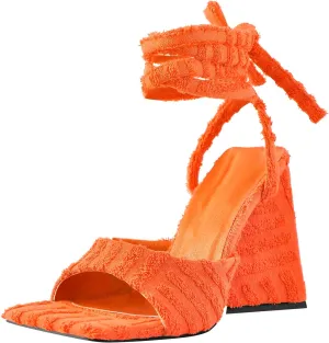 Richealnana Women's Square Toe Lace Up Chunky Heel Strappy Sandals