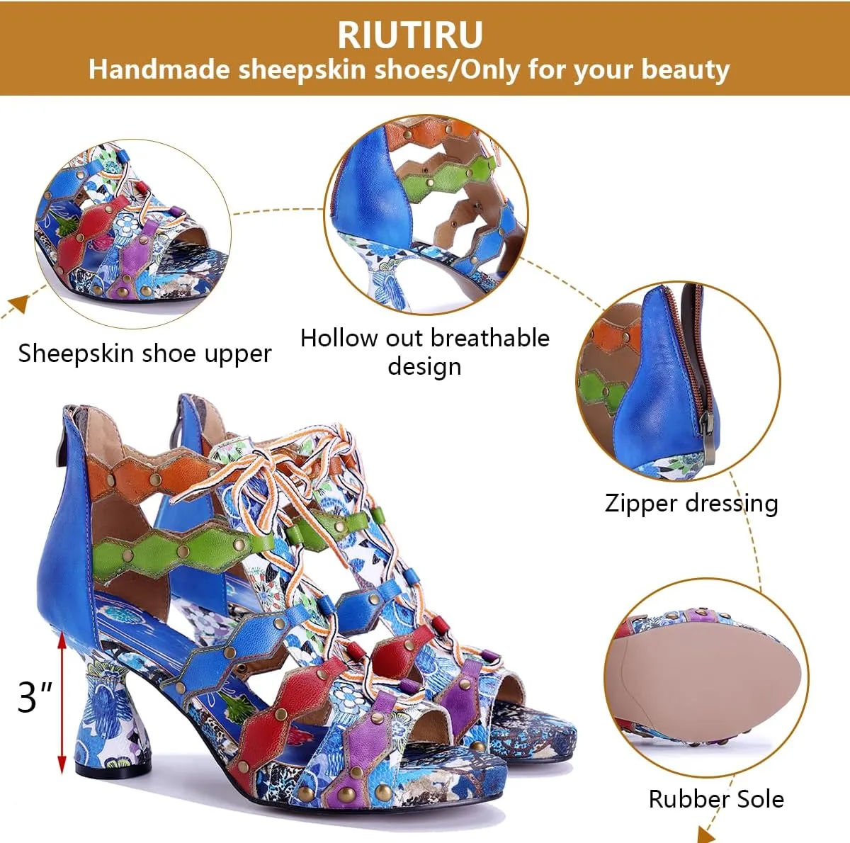 Riutiru Women's Handmade Lambskin Retro Casual Sandals for Spring and Summer, Contrast 3D Color-blocking Flower Comfortable High-heeled Sandals for Women