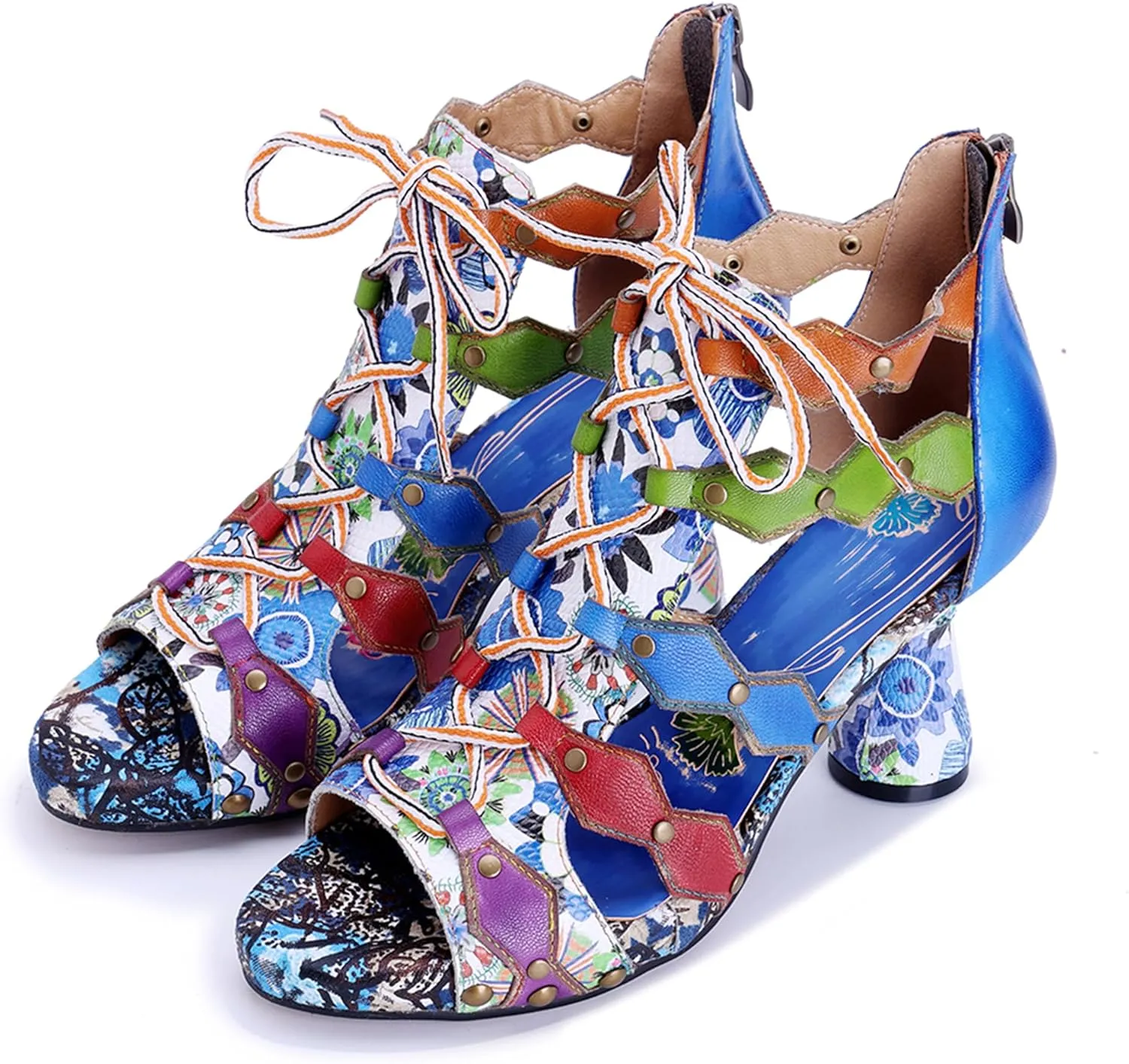 Riutiru Women's Handmade Lambskin Retro Casual Sandals for Spring and Summer, Contrast 3D Color-blocking Flower Comfortable High-heeled Sandals for Women