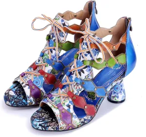 Riutiru Women's Handmade Lambskin Retro Casual Sandals for Spring and Summer, Contrast 3D Color-blocking Flower Comfortable High-heeled Sandals for Women