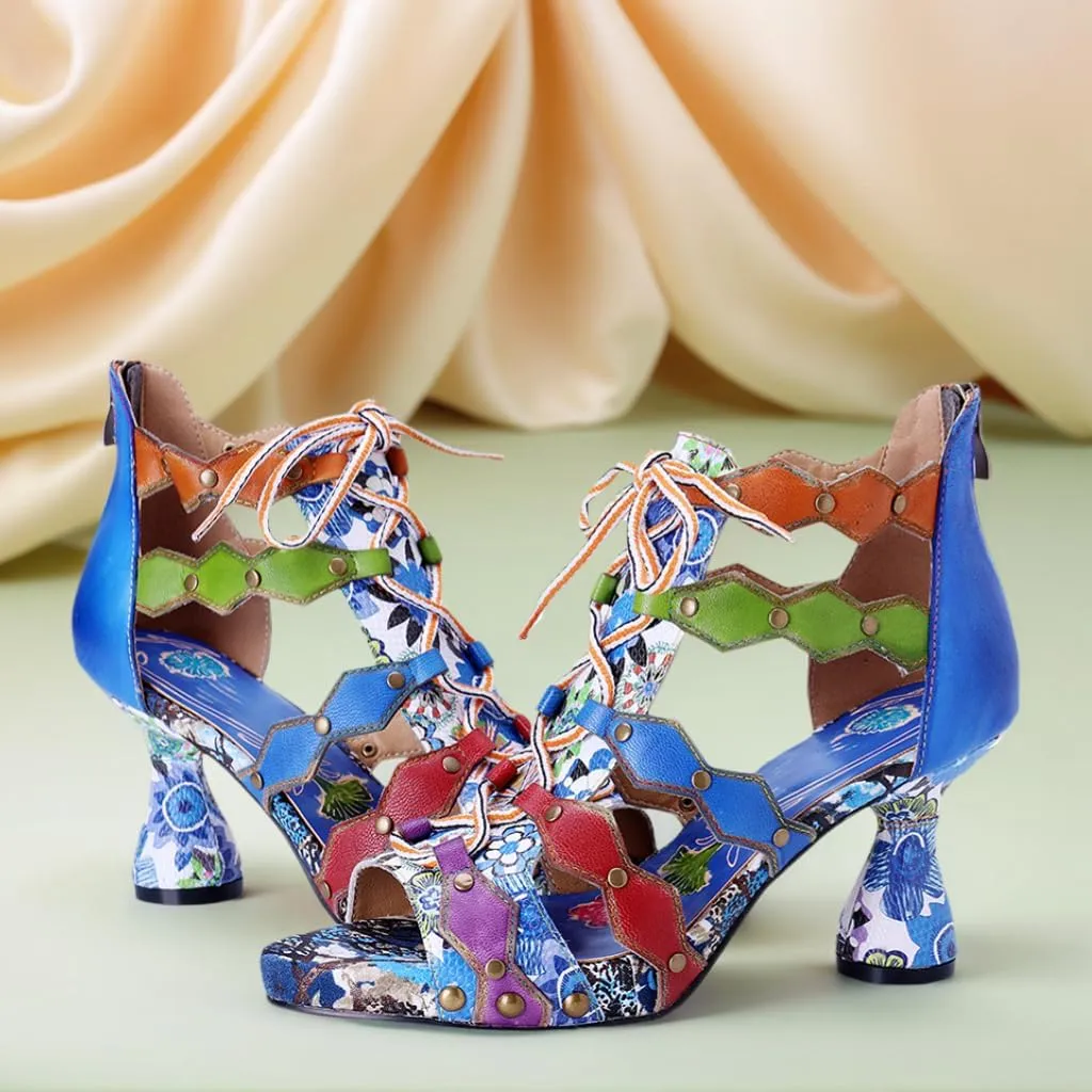 Riutiru Women's Handmade Lambskin Retro Casual Sandals for Spring and Summer, Contrast 3D Color-blocking Flower Comfortable High-heeled Sandals for Women