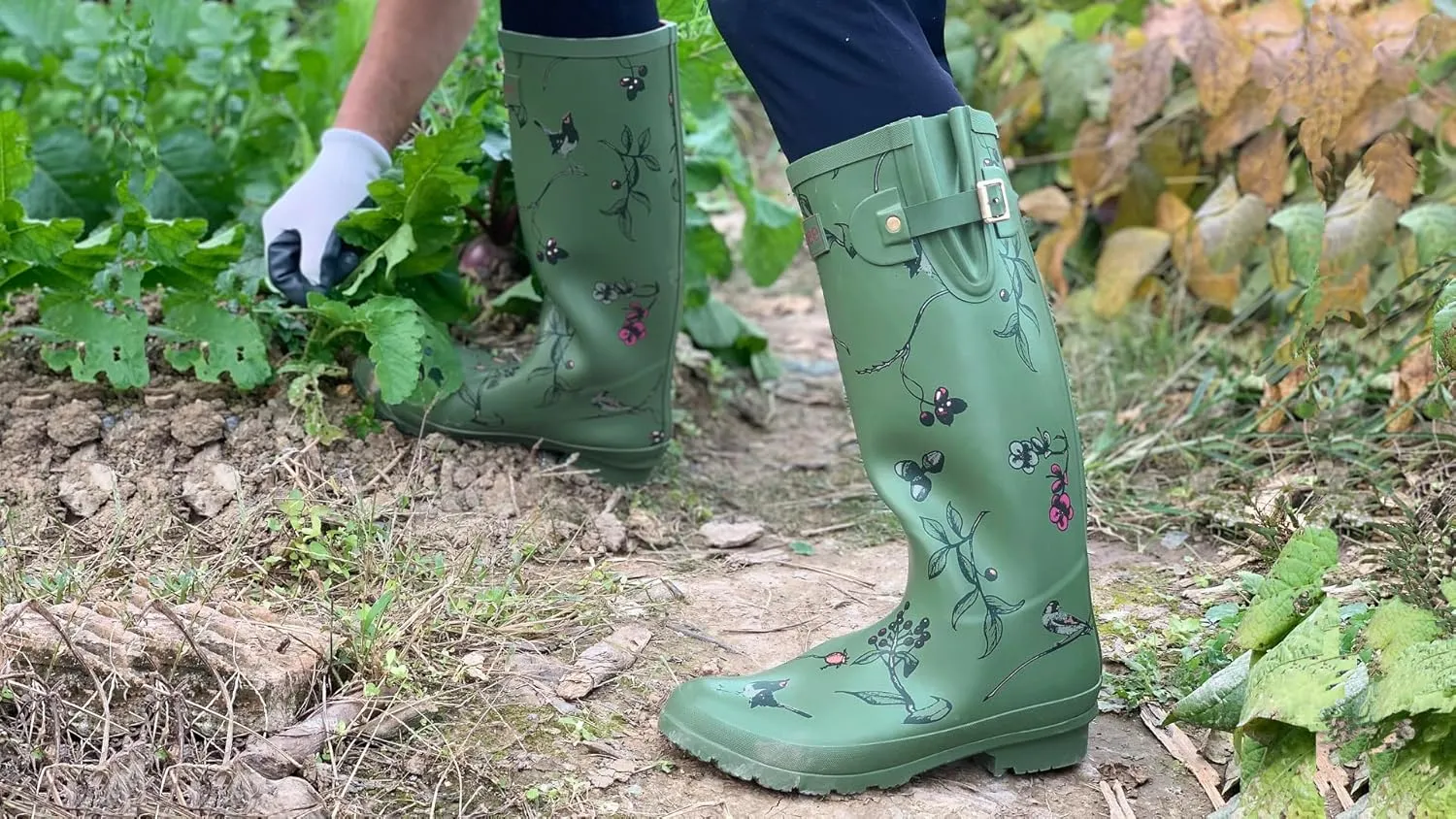 Rongee Rain Boots for Women Waterproof Garden Outdoor Mud Boots Printed with Adjustable Buckle