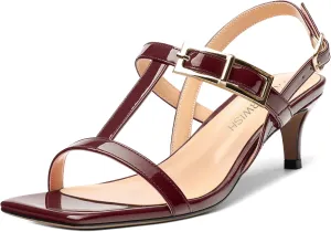 ROSERWISH Women's Low kitten heel Strappy Sandals Open Square Toe Slingback Patent Heels 2 Inch Fashion Comfort Dress Shoes