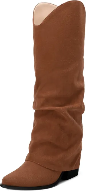 Roserwish Women's Slouchy Knee High Boots - Fold Over Mid Calf, Wide Calf, Pointed Toe, Chunky Heel, Pull-On Fall Winter Dress Shoes