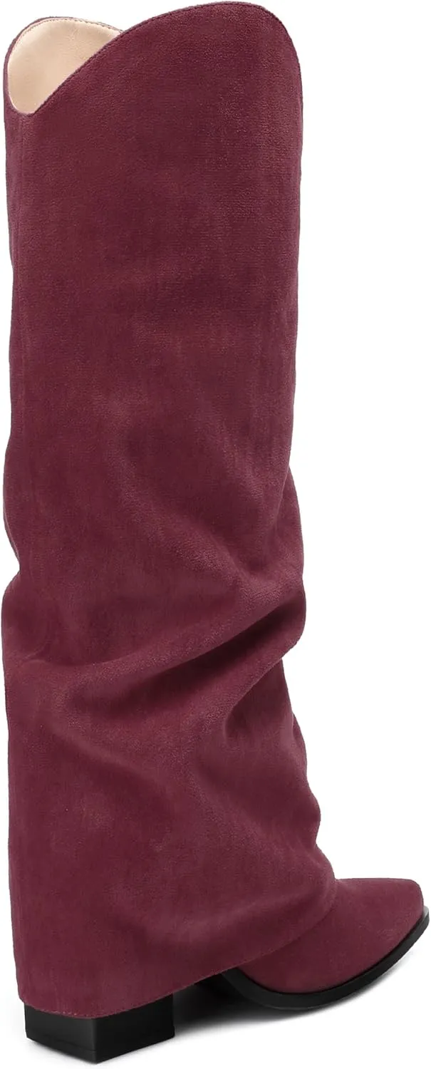 Roserwish Women's Slouchy Knee High Boots - Fold Over Mid Calf, Wide Calf, Pointed Toe, Chunky Heel, Pull-On Fall Winter Dress Shoes