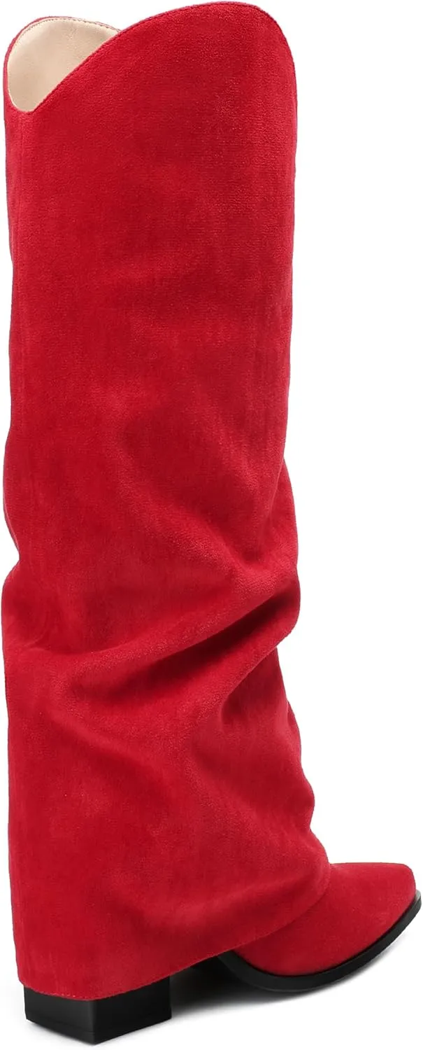 Roserwish Women's Slouchy Knee High Boots - Fold Over Mid Calf, Wide Calf, Pointed Toe, Chunky Heel, Pull-On Fall Winter Dress Shoes