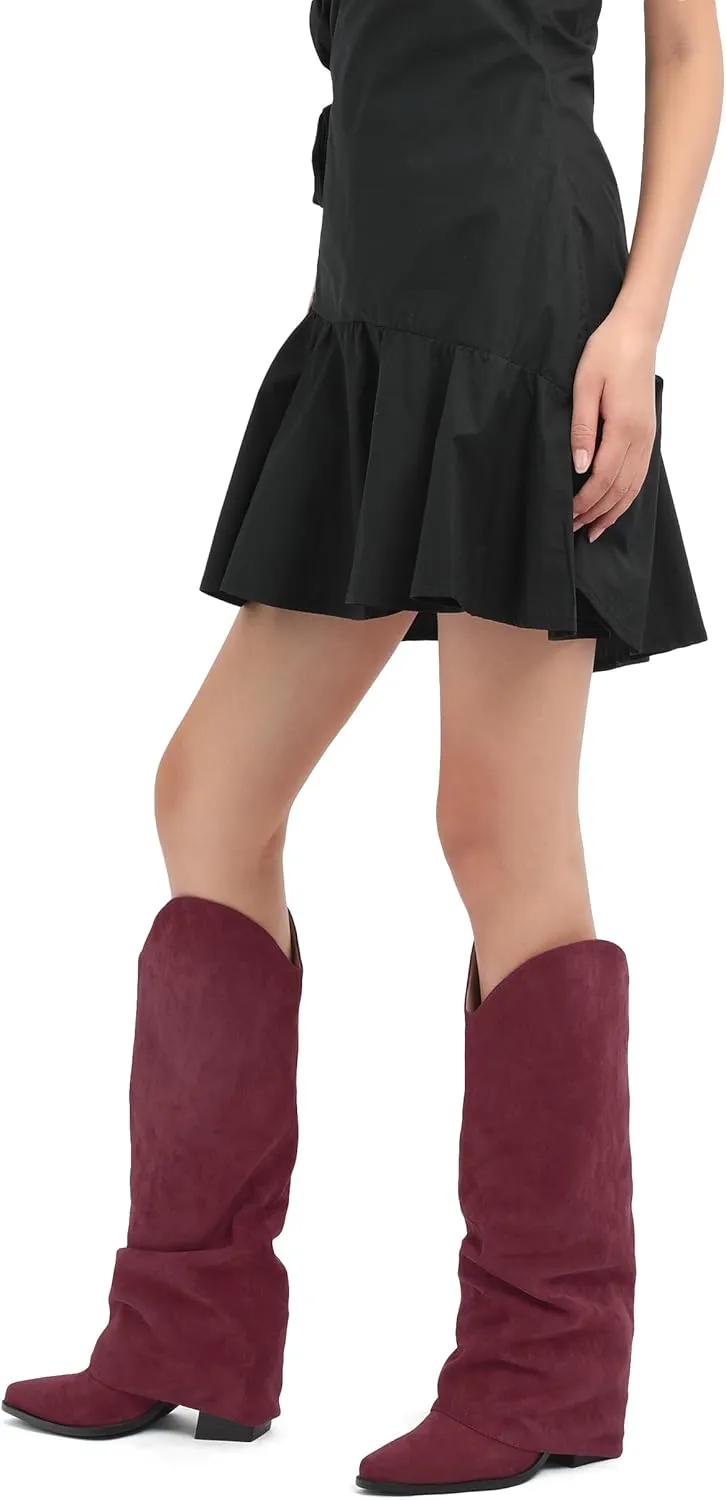 Roserwish Women's Slouchy Knee High Boots - Fold Over Mid Calf, Wide Calf, Pointed Toe, Chunky Heel, Pull-On Fall Winter Dress Shoes
