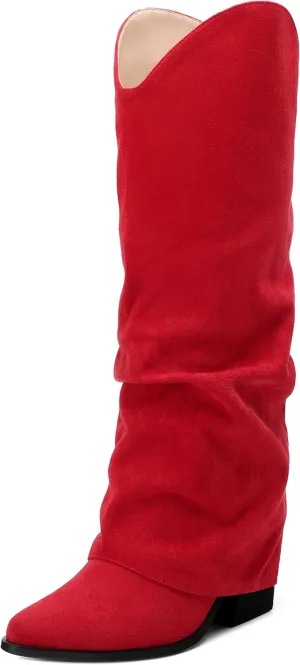 Roserwish Women's Slouchy Knee High Boots - Fold Over Mid Calf, Wide Calf, Pointed Toe, Chunky Heel, Pull-On Fall Winter Dress Shoes