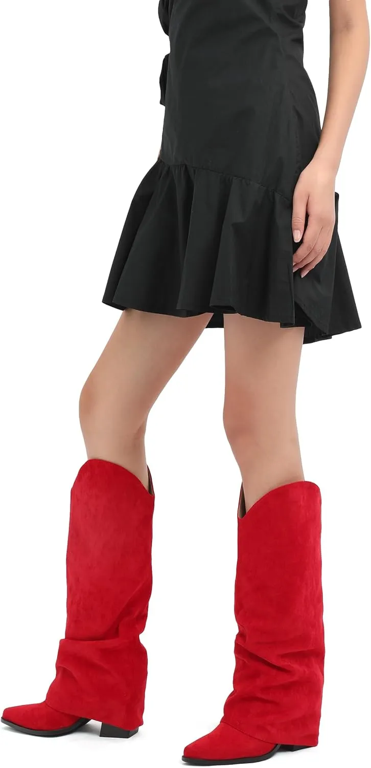Roserwish Women's Slouchy Knee High Boots - Fold Over Mid Calf, Wide Calf, Pointed Toe, Chunky Heel, Pull-On Fall Winter Dress Shoes