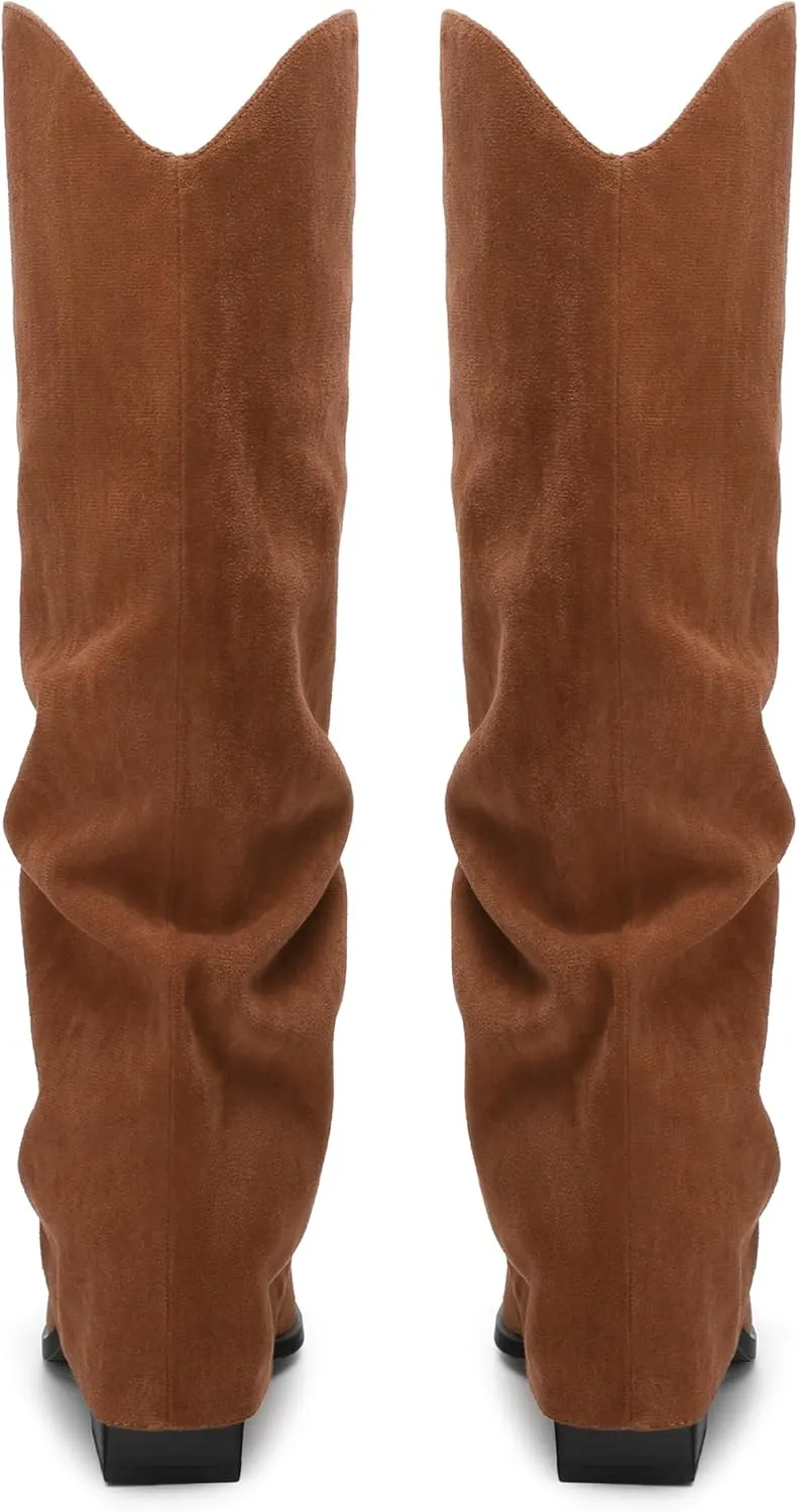 Roserwish Women's Slouchy Knee High Boots - Fold Over Mid Calf, Wide Calf, Pointed Toe, Chunky Heel, Pull-On Fall Winter Dress Shoes