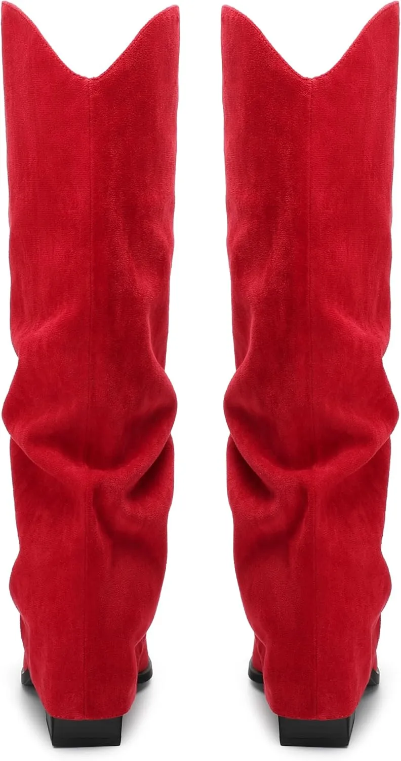 Roserwish Women's Slouchy Knee High Boots - Fold Over Mid Calf, Wide Calf, Pointed Toe, Chunky Heel, Pull-On Fall Winter Dress Shoes