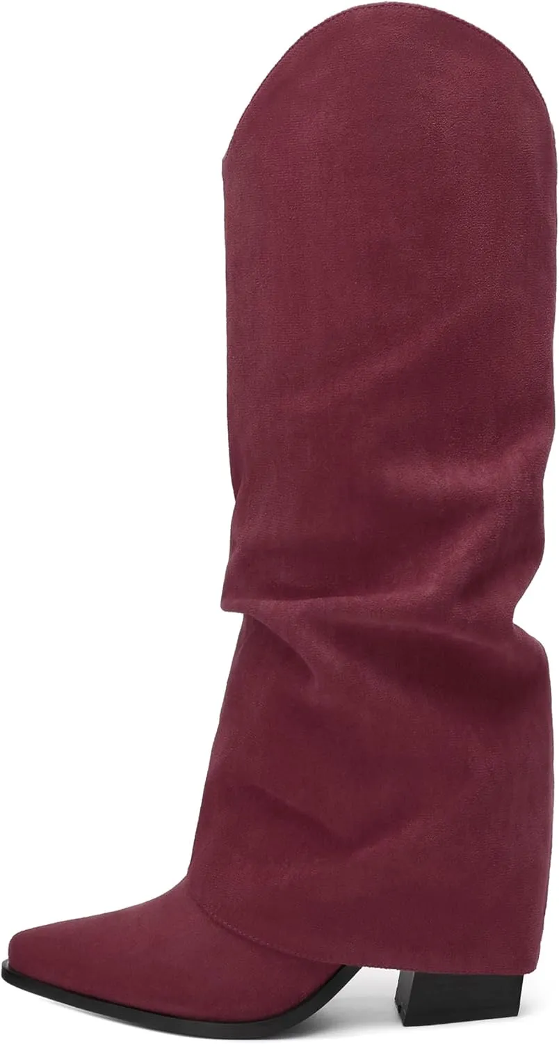 Roserwish Women's Slouchy Knee High Boots - Fold Over Mid Calf, Wide Calf, Pointed Toe, Chunky Heel, Pull-On Fall Winter Dress Shoes