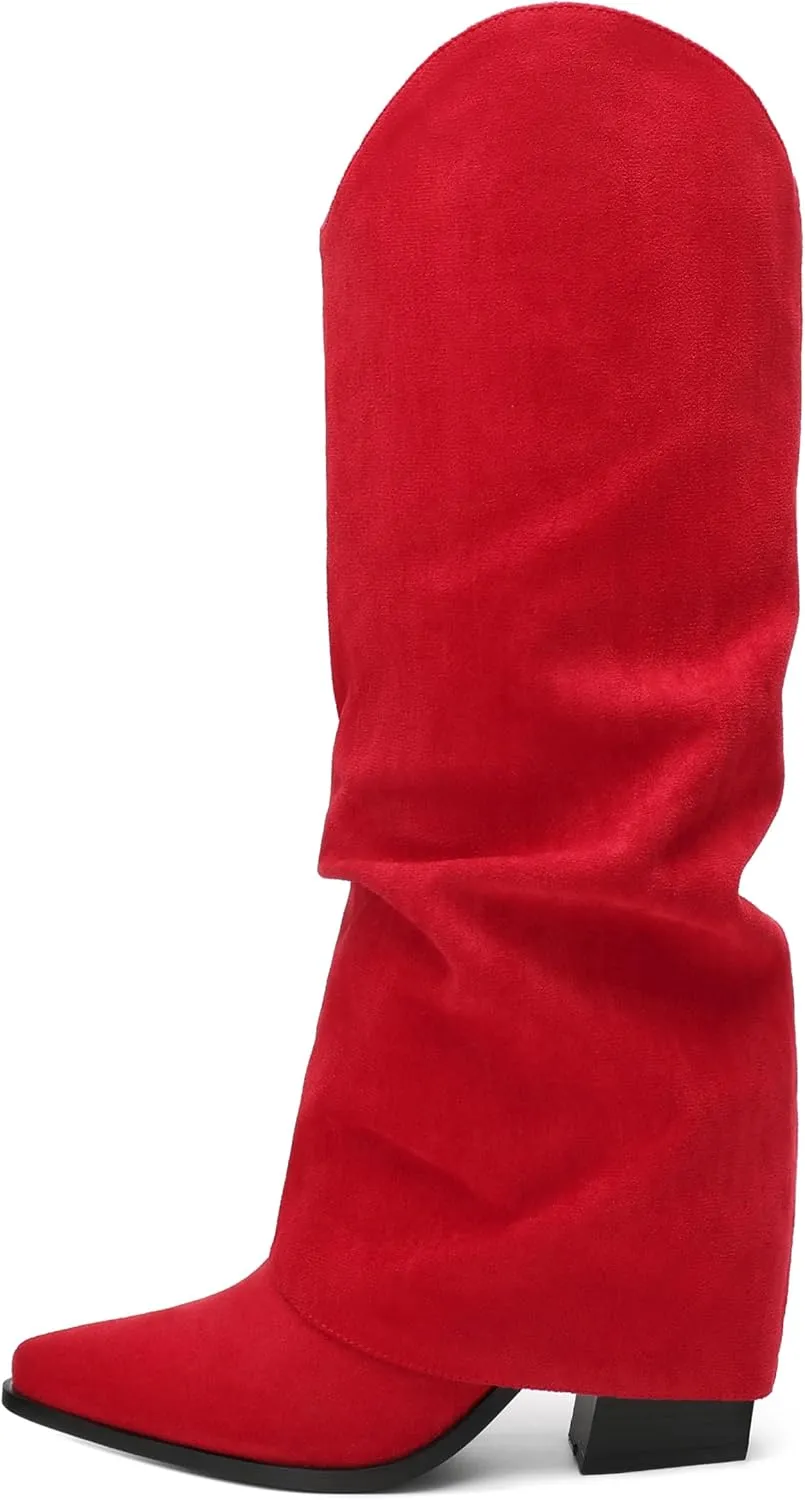 Roserwish Women's Slouchy Knee High Boots - Fold Over Mid Calf, Wide Calf, Pointed Toe, Chunky Heel, Pull-On Fall Winter Dress Shoes