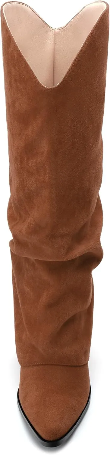 Roserwish Women's Slouchy Knee High Boots - Fold Over Mid Calf, Wide Calf, Pointed Toe, Chunky Heel, Pull-On Fall Winter Dress Shoes
