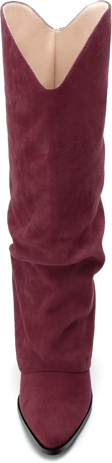 Roserwish Women's Slouchy Knee High Boots - Fold Over Mid Calf, Wide Calf, Pointed Toe, Chunky Heel, Pull-On Fall Winter Dress Shoes