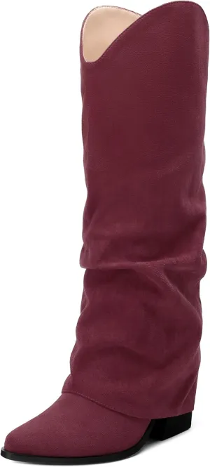 Roserwish Women's Slouchy Knee High Boots - Fold Over Mid Calf, Wide Calf, Pointed Toe, Chunky Heel, Pull-On Fall Winter Dress Shoes