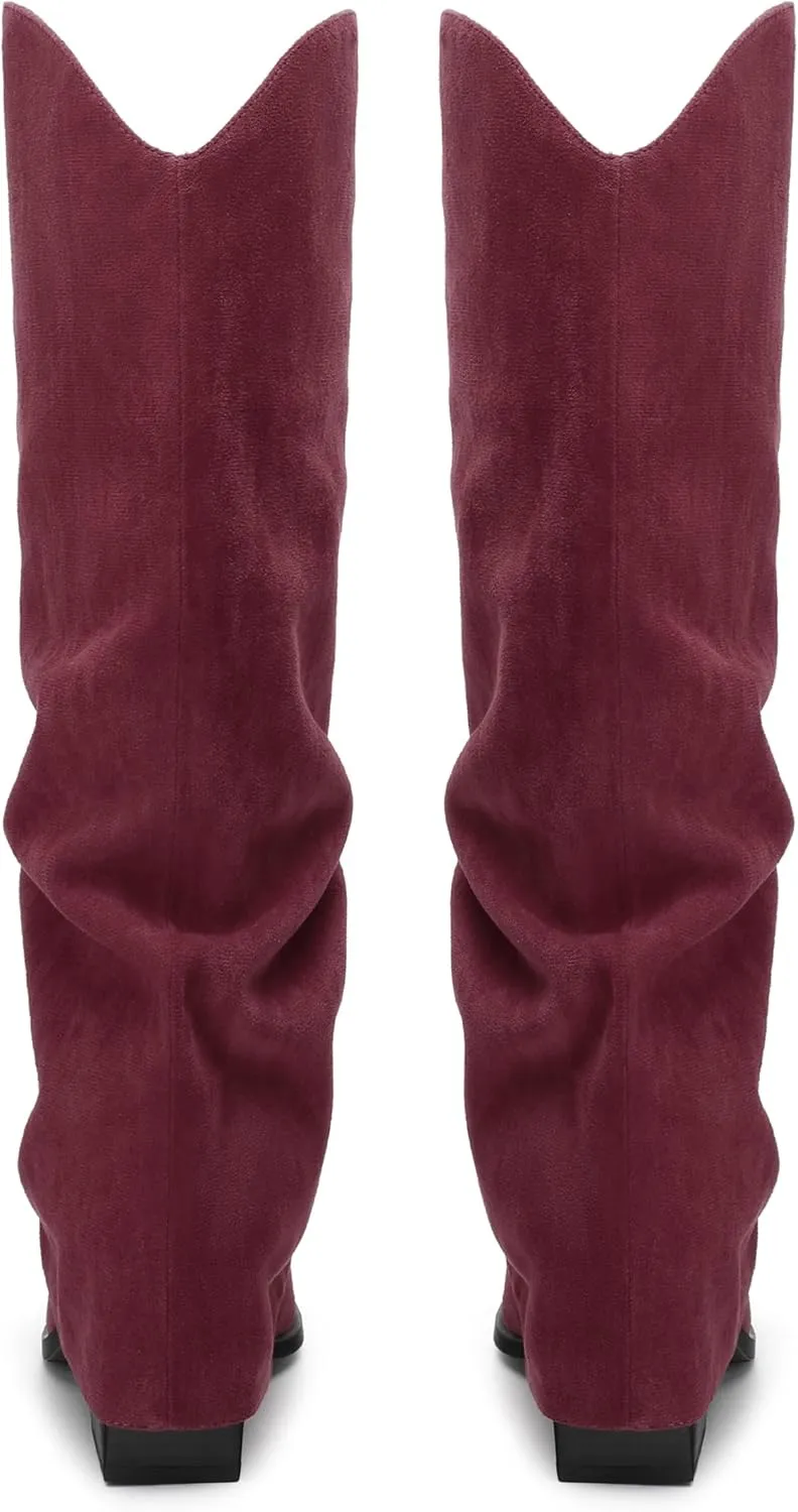 Roserwish Women's Slouchy Knee High Boots - Fold Over Mid Calf, Wide Calf, Pointed Toe, Chunky Heel, Pull-On Fall Winter Dress Shoes