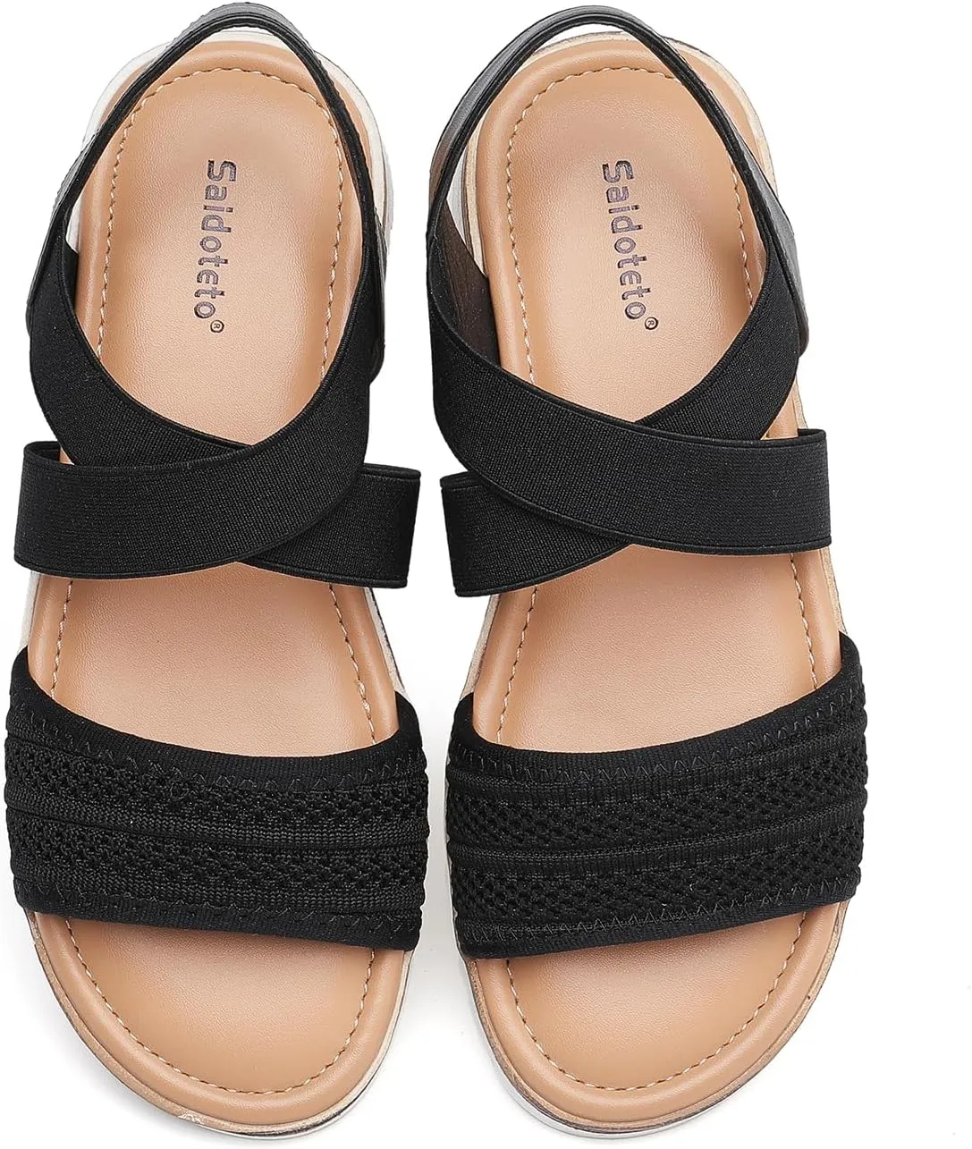 Saidoteto Women's Wide Width Flat Sandals,Comfortable Elastic Ankle Strap Slingback Slip-On Open Toe Low Wedge Walking Sandals for Summer & Casual