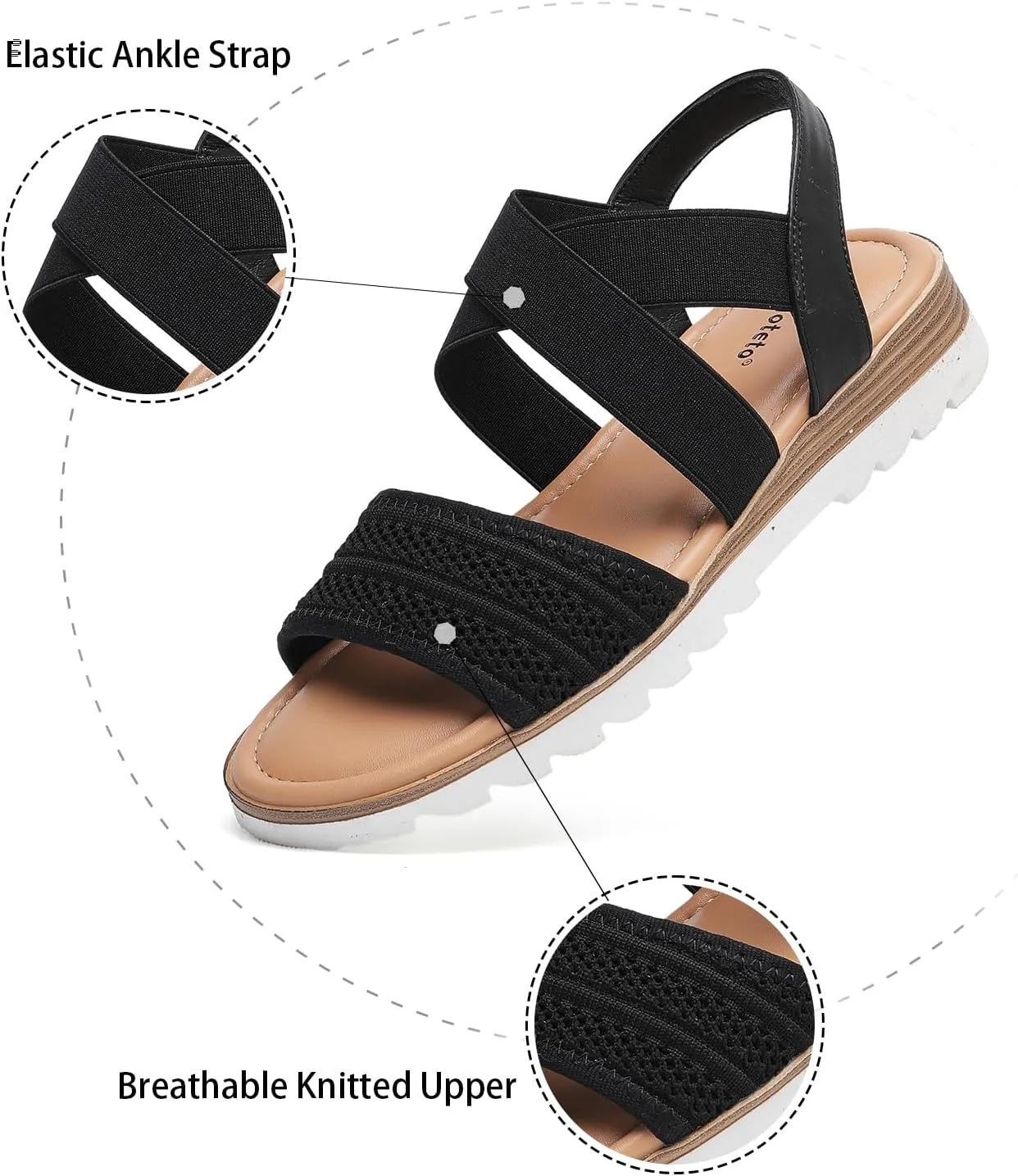 Saidoteto Women's Wide Width Flat Sandals,Comfortable Elastic Ankle Strap Slingback Slip-On Open Toe Low Wedge Walking Sandals for Summer & Casual