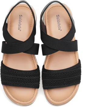 Saidoteto Women's Wide Width Flat Sandals,Comfortable Elastic Ankle Strap Slingback Slip-On Open Toe Low Wedge Walking Sandals for Summer & Casual