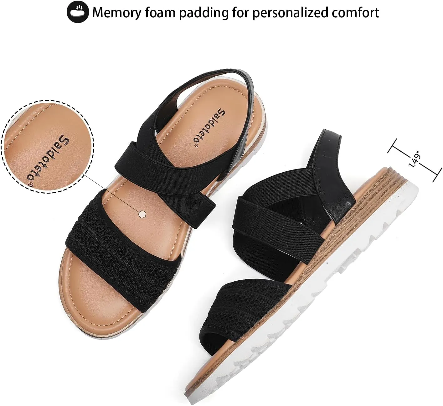 Saidoteto Women's Wide Width Flat Sandals,Comfortable Elastic Ankle Strap Slingback Slip-On Open Toe Low Wedge Walking Sandals for Summer & Casual