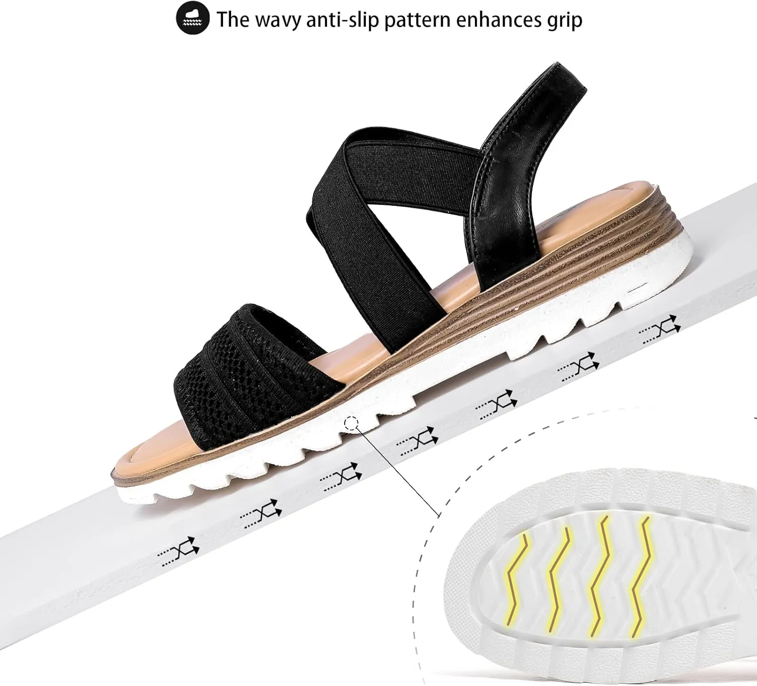 Saidoteto Women's Wide Width Flat Sandals,Comfortable Elastic Ankle Strap Slingback Slip-On Open Toe Low Wedge Walking Sandals for Summer & Casual