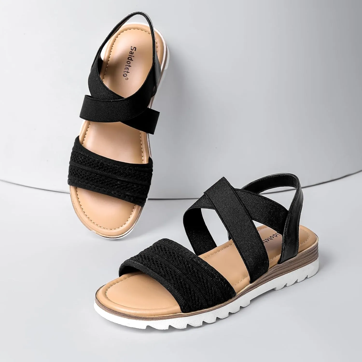 Saidoteto Women's Wide Width Flat Sandals,Comfortable Elastic Ankle Strap Slingback Slip-On Open Toe Low Wedge Walking Sandals for Summer & Casual