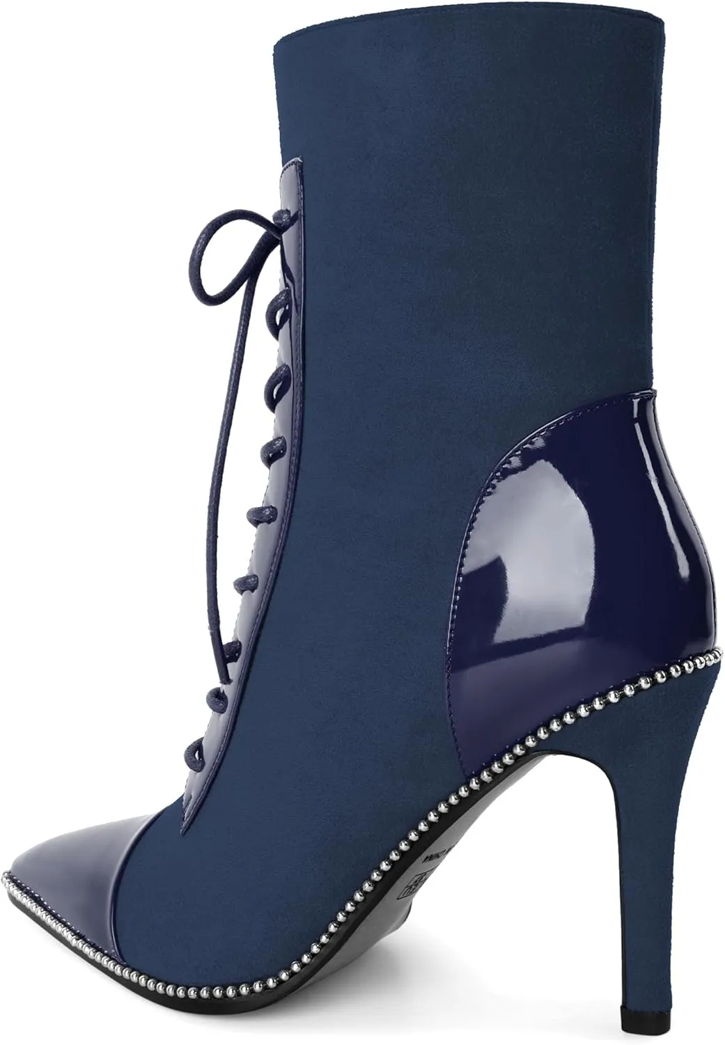 SAMMITOP Women's Lace Up Ankle Boots High Stiletto Heel Pointy Toe Fashion Heeled Booties Silver Beaded Side Zipper Short Boots Shoes 4 Inch