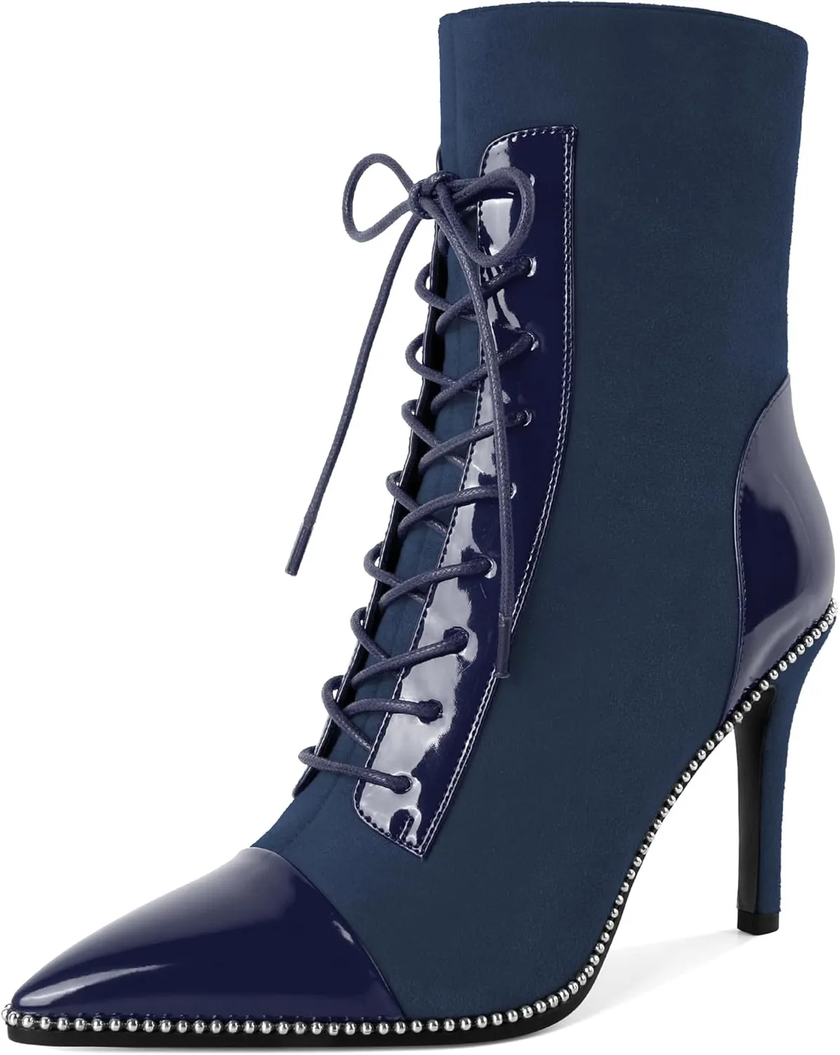 SAMMITOP Women's Lace Up Ankle Boots High Stiletto Heel Pointy Toe Fashion Heeled Booties Silver Beaded Side Zipper Short Boots Shoes 4 Inch