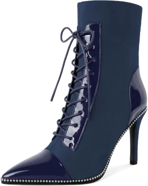 SAMMITOP Women's Lace Up Ankle Boots High Stiletto Heel Pointy Toe Fashion Heeled Booties Silver Beaded Side Zipper Short Boots Shoes 4 Inch