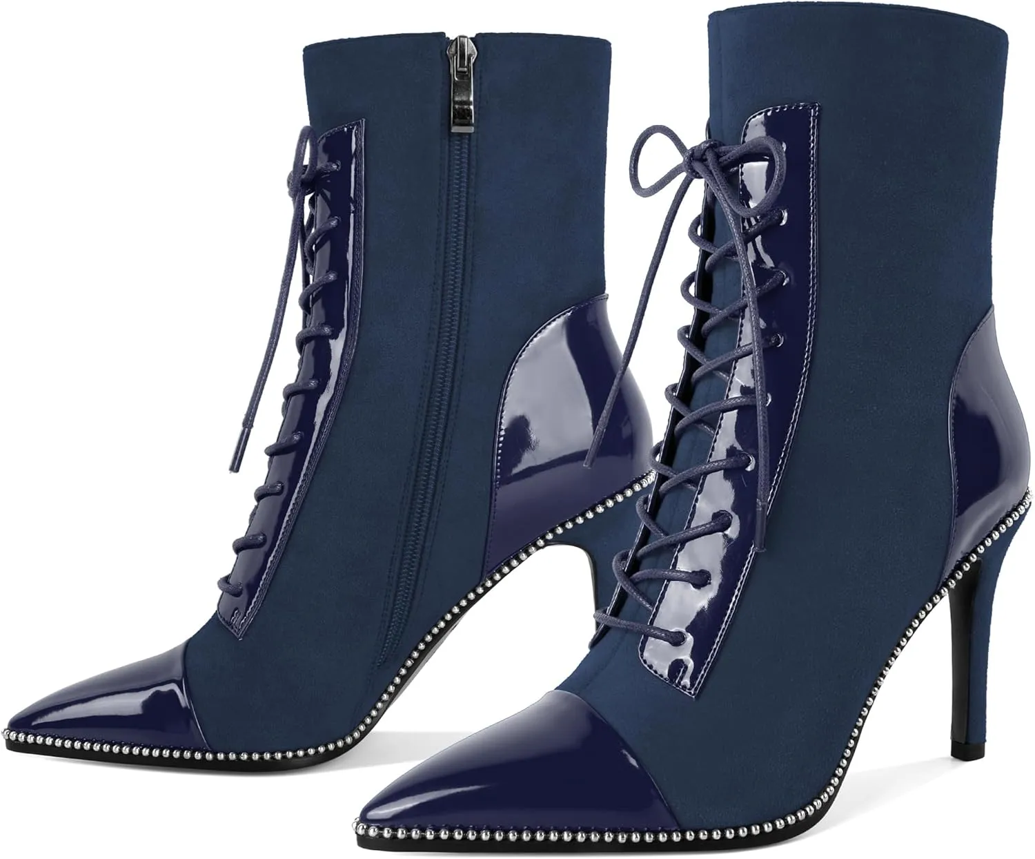 SAMMITOP Women's Lace Up Ankle Boots High Stiletto Heel Pointy Toe Fashion Heeled Booties Silver Beaded Side Zipper Short Boots Shoes 4 Inch