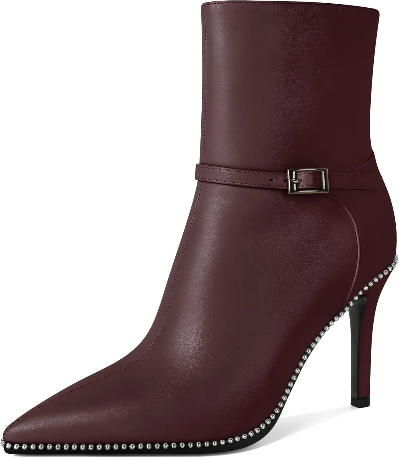 SAMMITOP Women's Pointed Toe Ankle Boots Sexy Stiletto High Heels Ankle Booties Buckle Strap Beaded Short Boots with Side Zipper 4 Inch