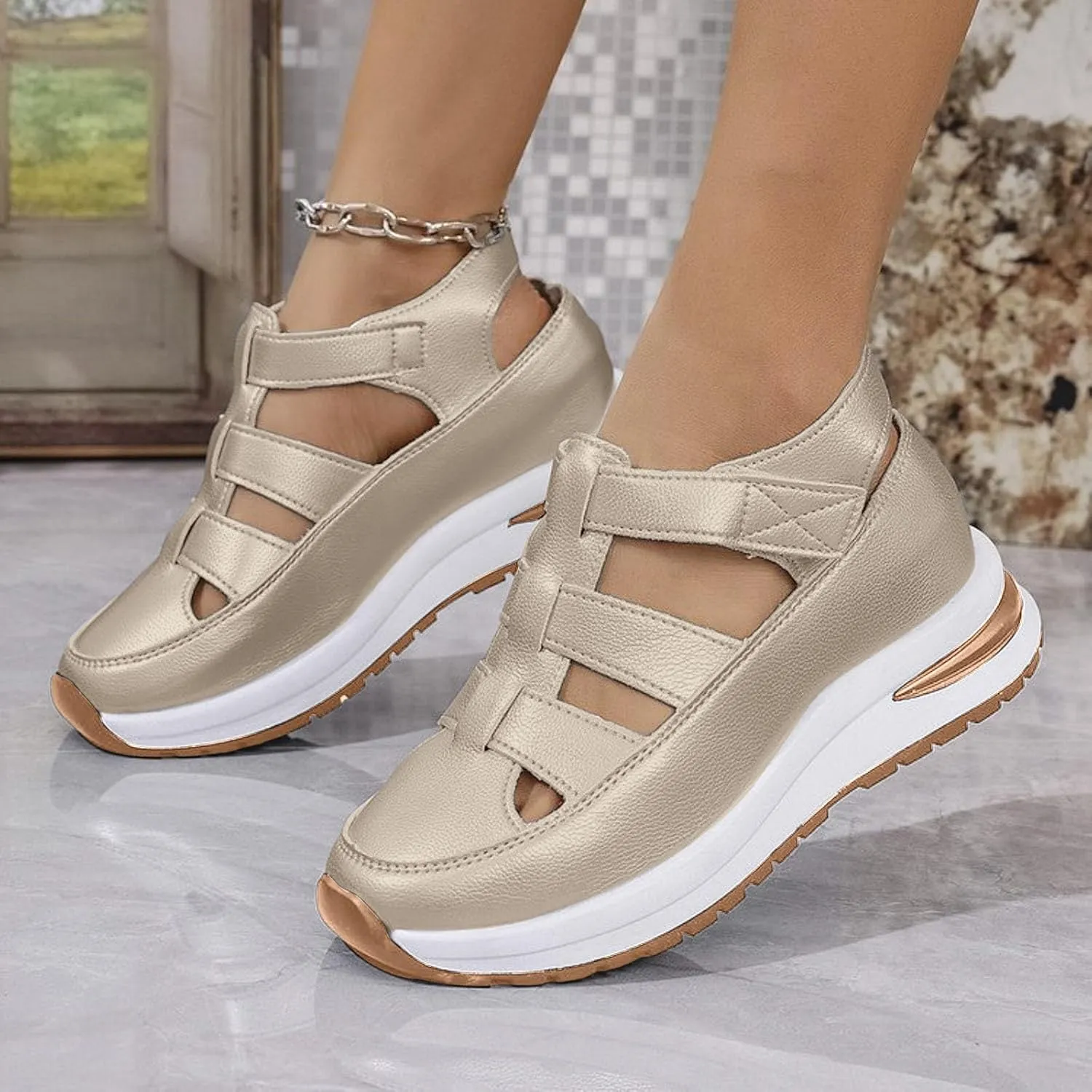 Sandals for Women 2025 Closed Toe Platform Hollow-Out Wedges Sandals Height-Boosting Thick Sole Summer Dress Shoes