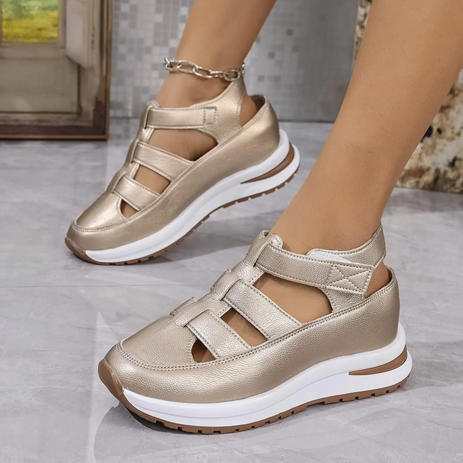 Sandals for Women 2025 Closed Toe Platform Hollow-Out Wedges Sandals Height-Boosting Thick Sole Summer Dress Shoes
