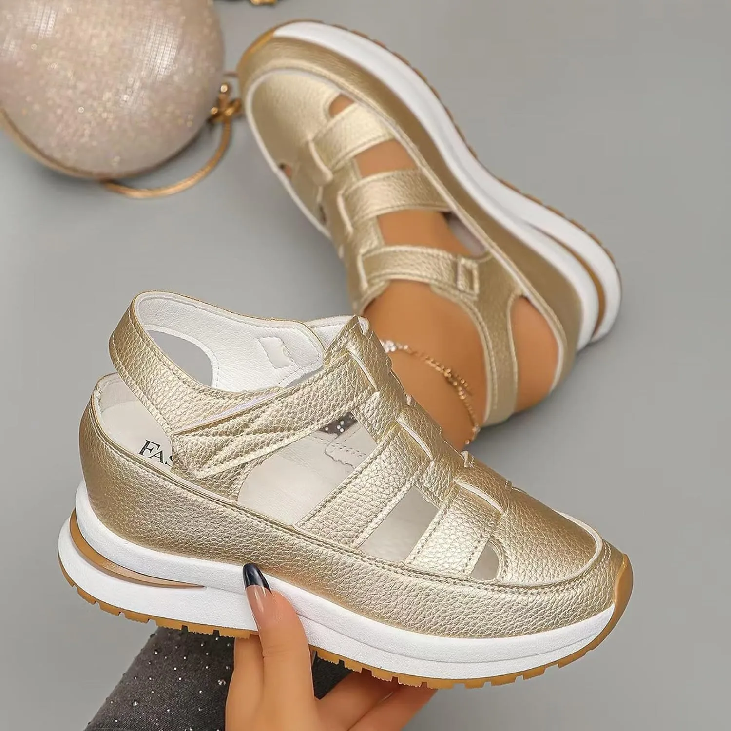 Sandals for Women 2025 Closed Toe Platform Hollow-Out Wedges Sandals Height-Boosting Thick Sole Summer Dress Shoes