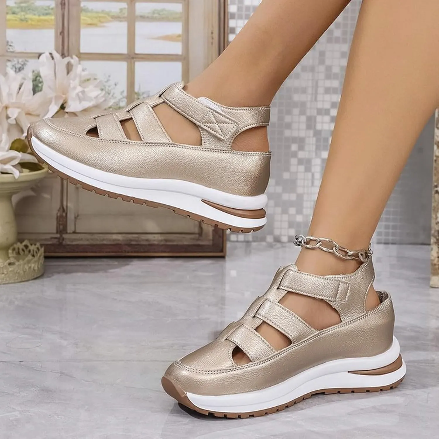 Sandals for Women 2025 Closed Toe Platform Hollow-Out Wedges Sandals Height-Boosting Thick Sole Summer Dress Shoes