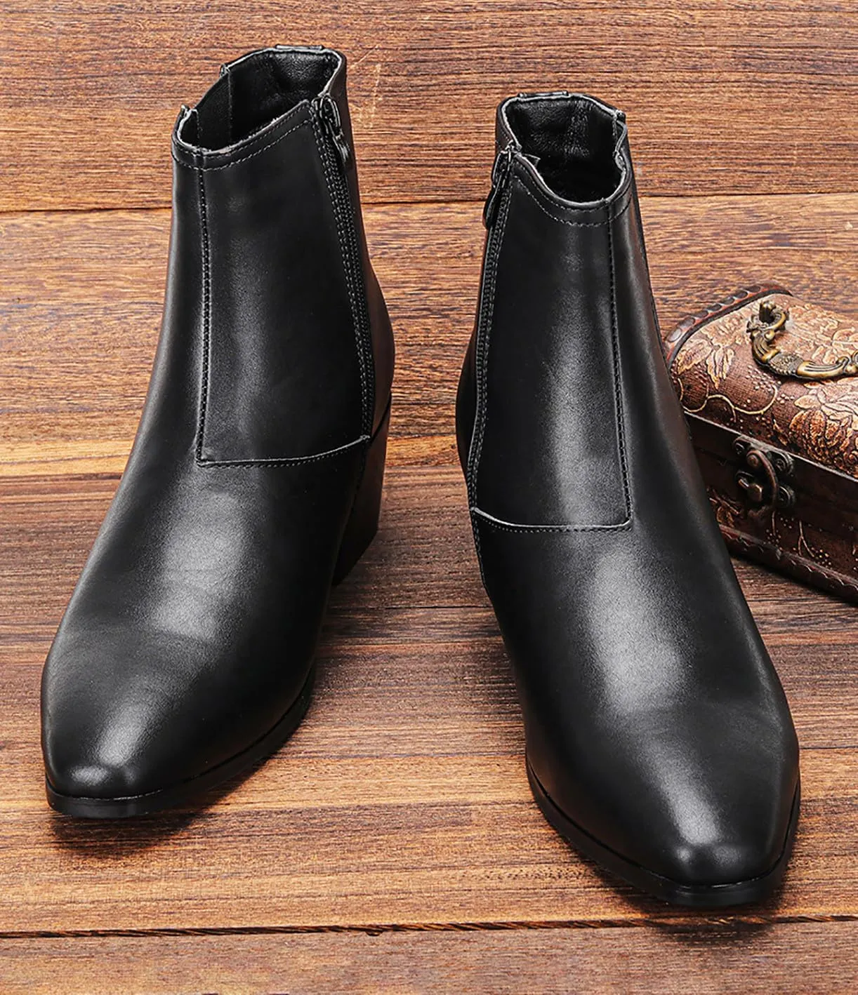 Santimon Chelsea Boots Men Casual Dress Leather Motorcycle Boots Wedding Fashion Tuxedo Zipper Ankle Cowboy Boots for Men