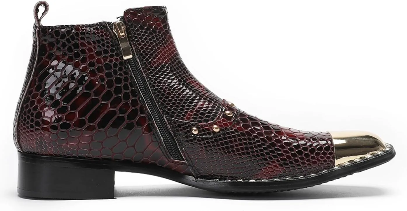 Santimon Men's Chelsea Boots Casual Dress Genuine Leather Ankle Boots Metal-Square Toe Snakeskin Texture Beads Western Boots Fashion Prom Wedding Tuxedo Ballroom Party Disco Cowboy Boots for Men